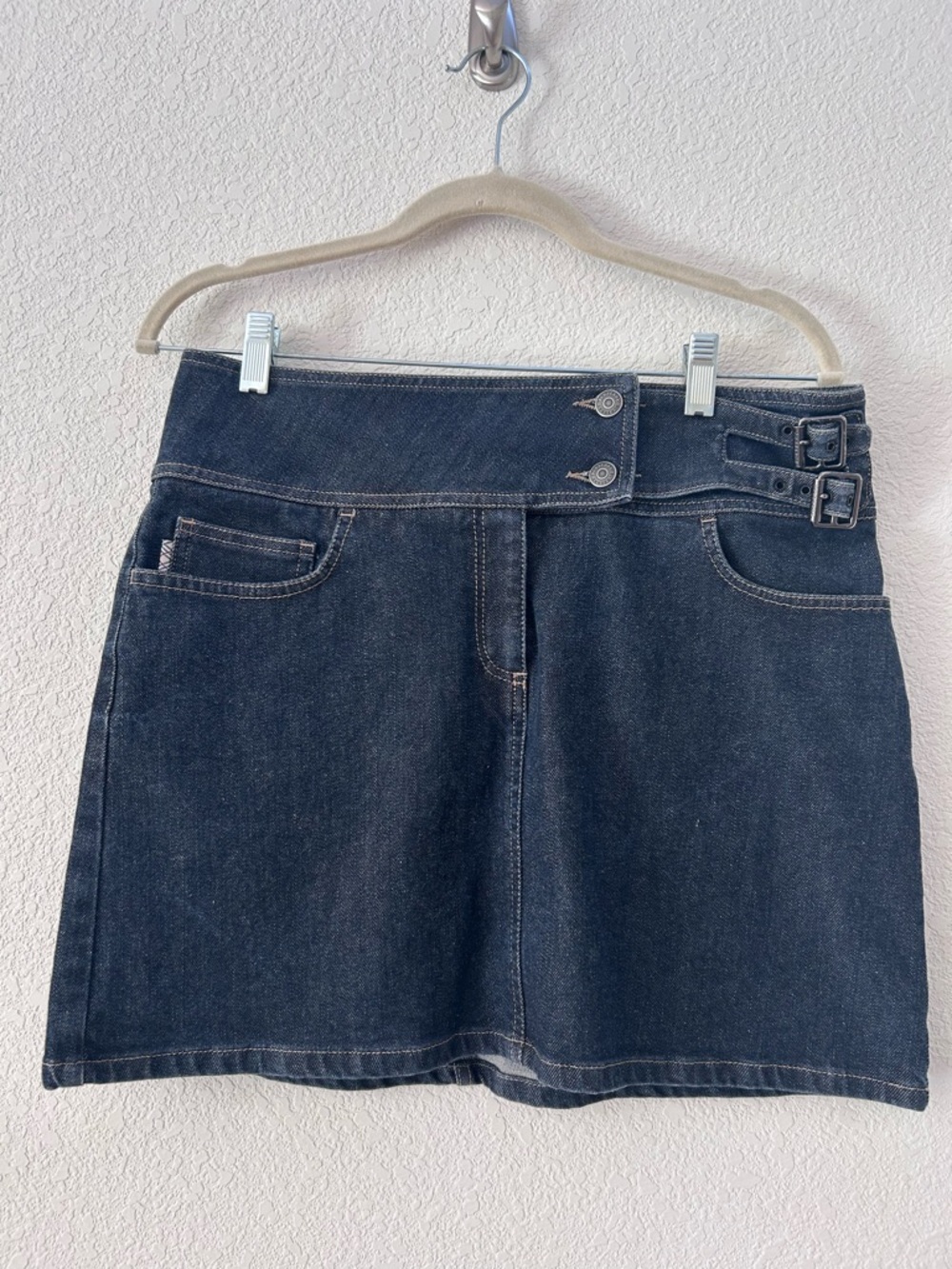 Vintage Burberry Belted Dark Blue Jean Mini Skirt Size 10
